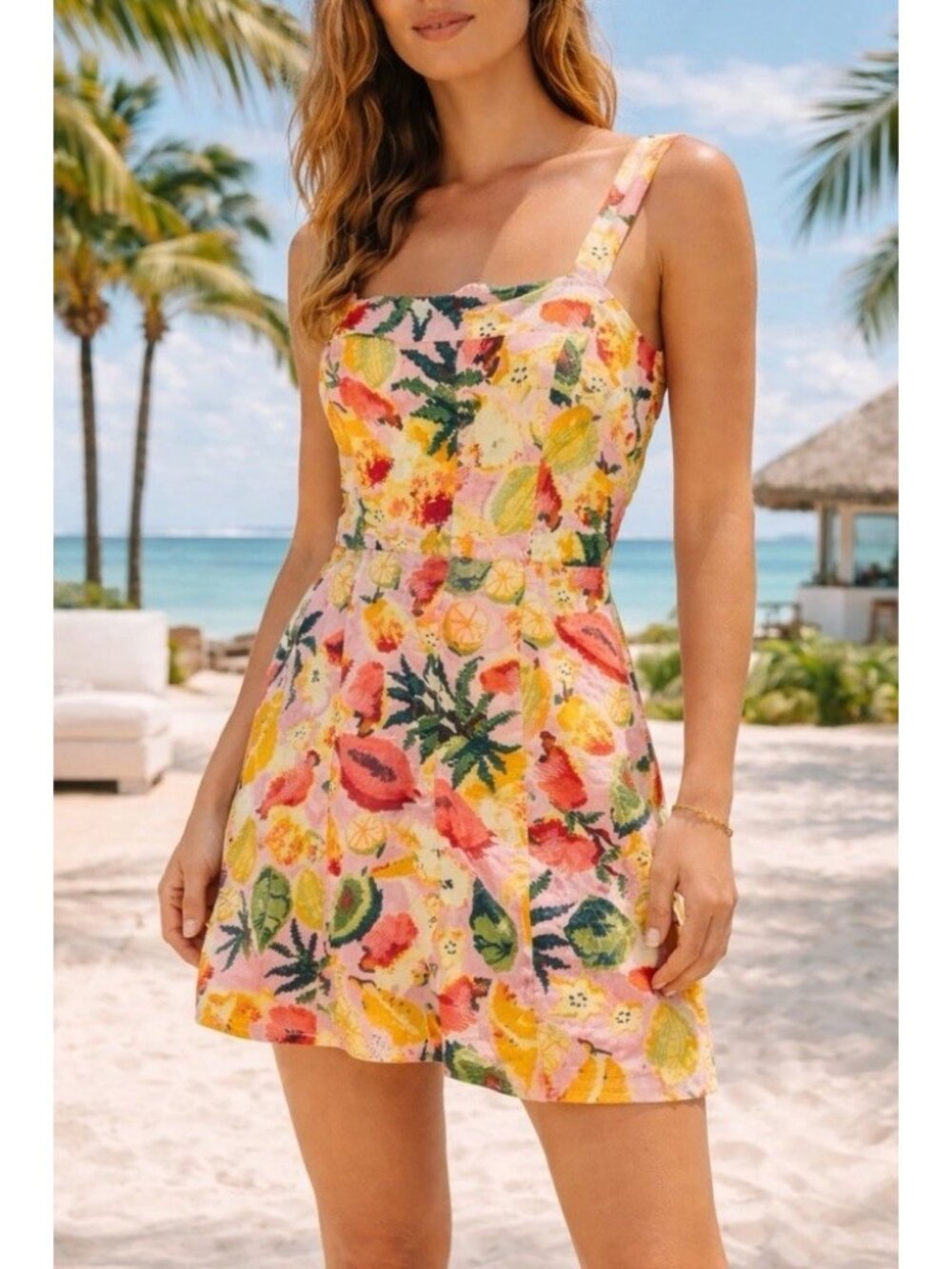 FARM RIO X ANTHROPOLOGIE Frutas Linen Sleeveless Resort Mini Dress Small